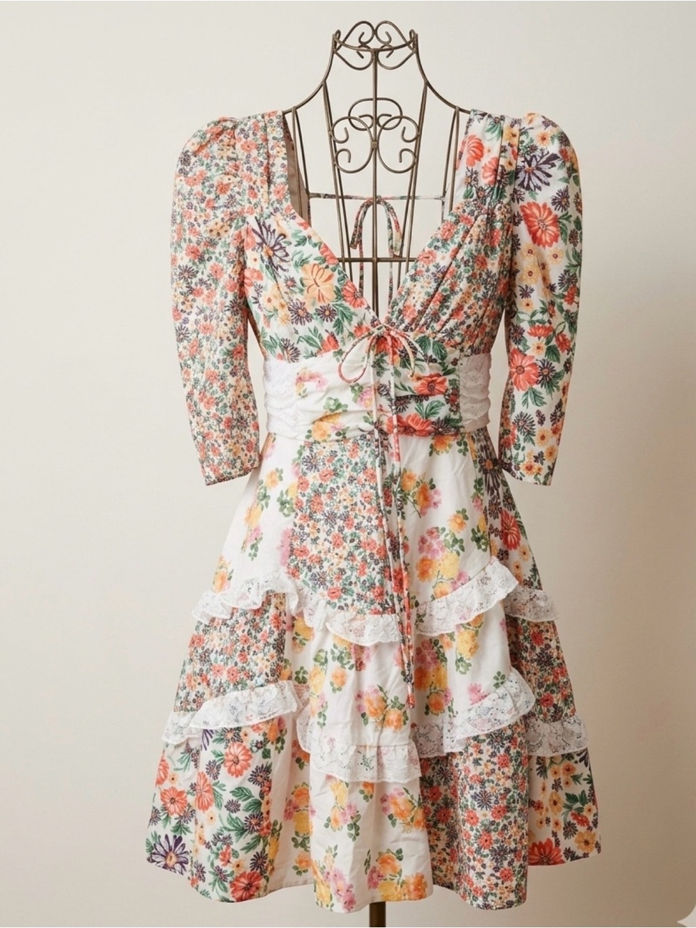 Floral Tiered V-Neck Midi Dress in Cream and Coral